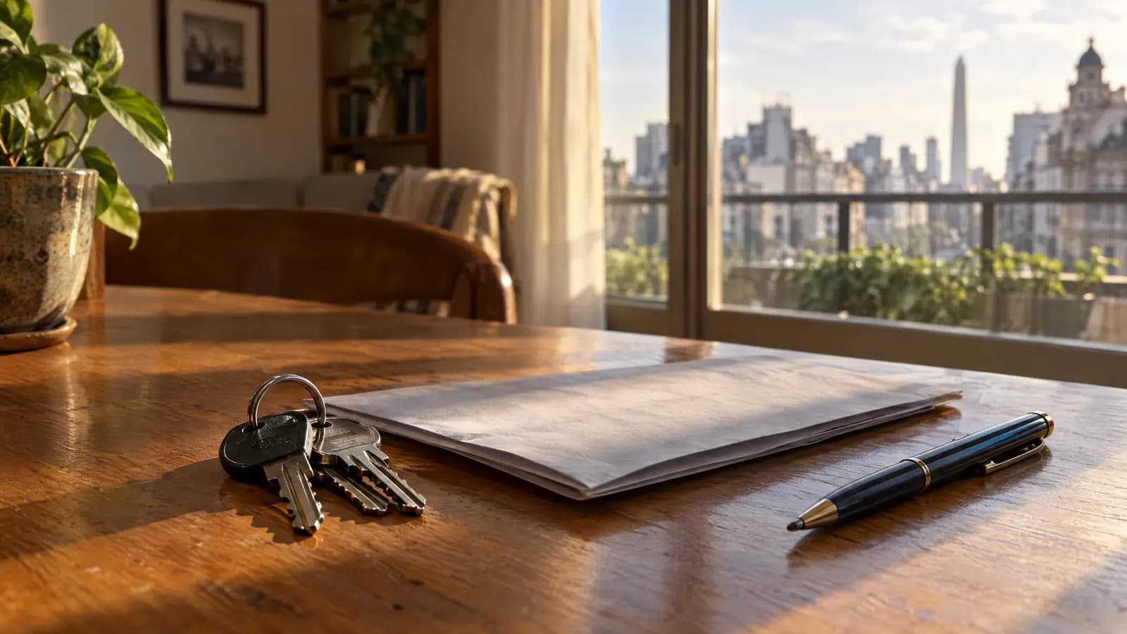 Llaves de un departamento y un documento sobre una mesa de madera, con la ciudad de fondo por la ventana.