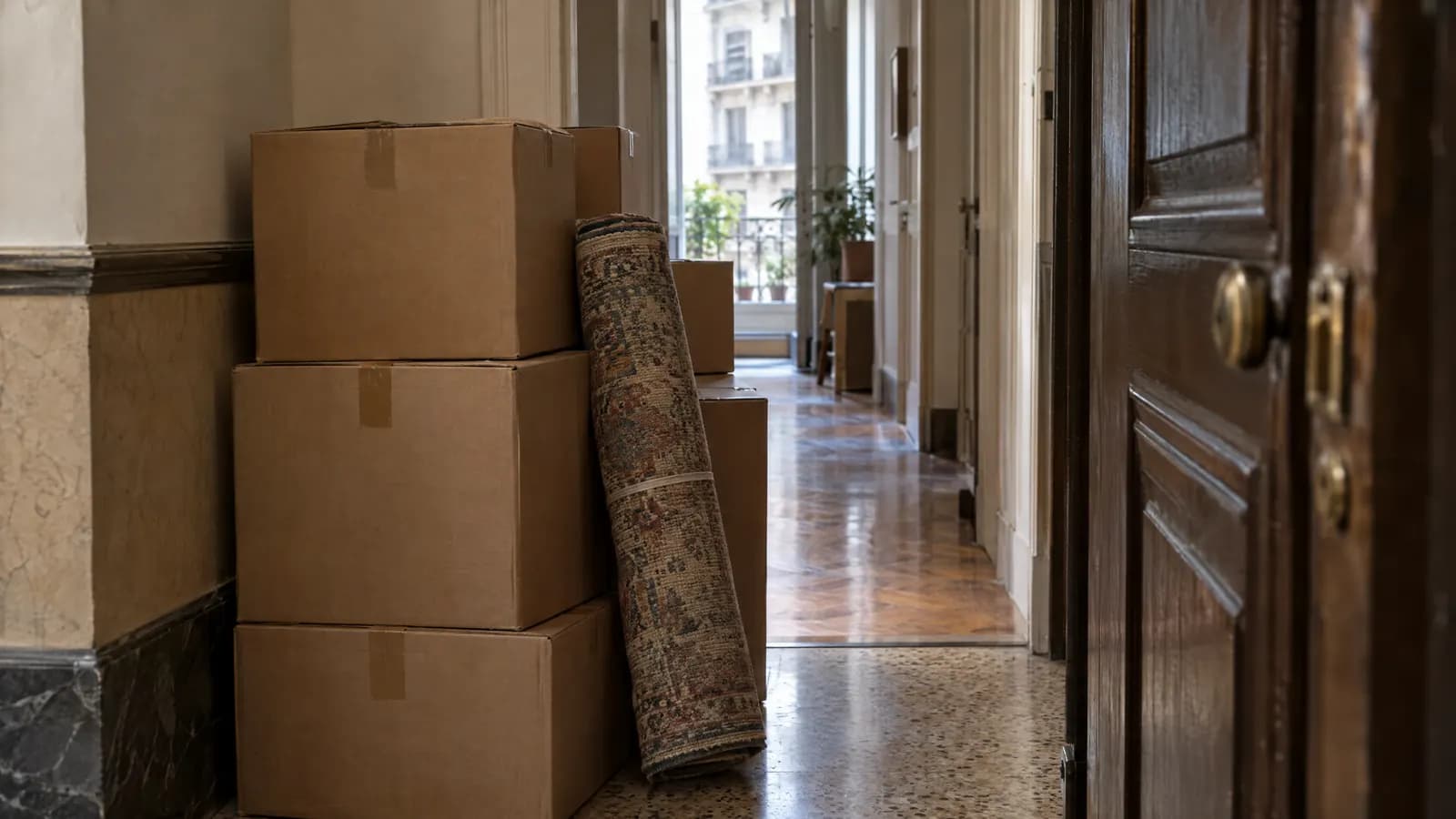 Cajas de mudanza apiladas y una alfombra enrollada en el palier de un departamento.