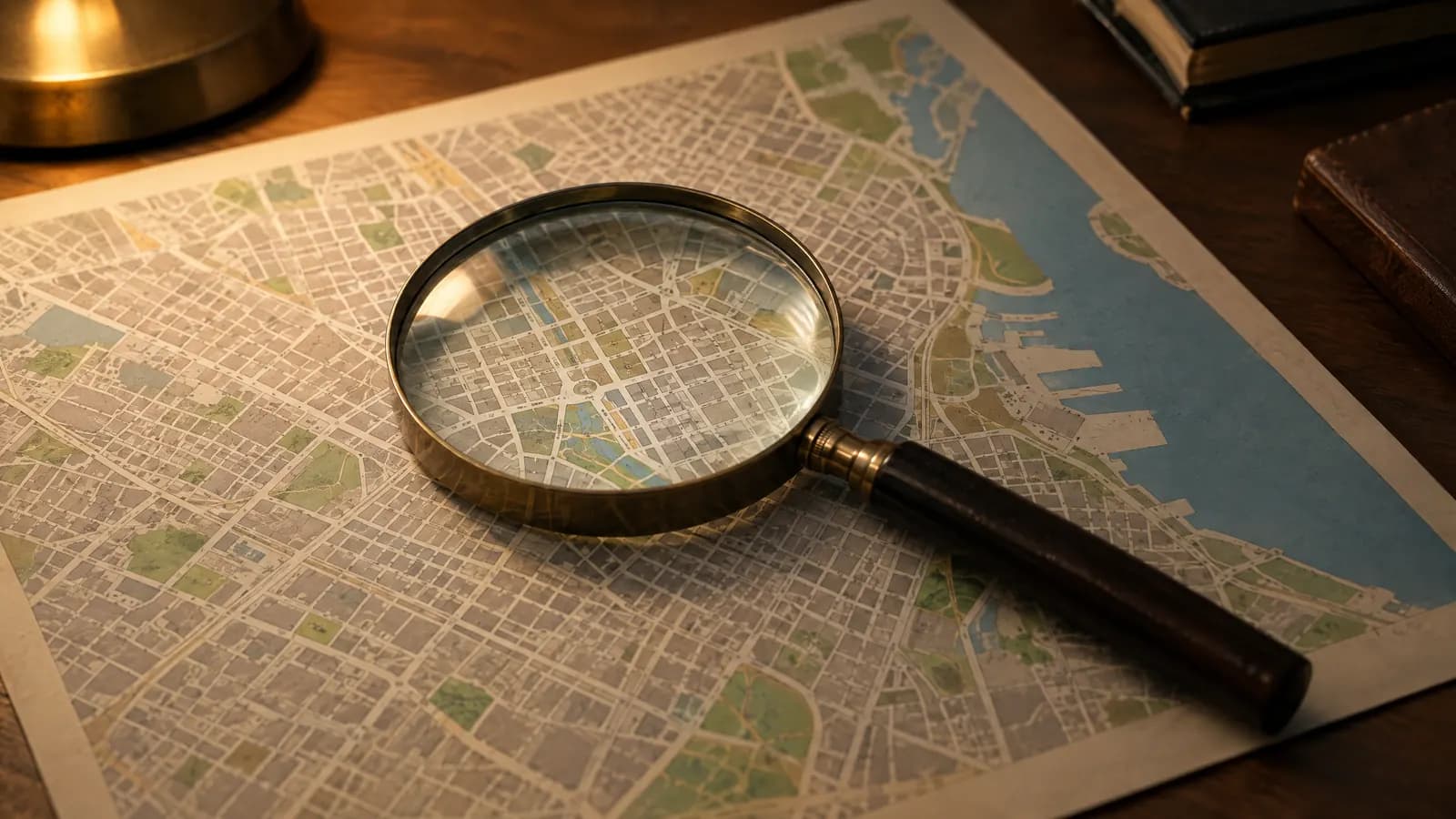 Lupa sobre el mapa de una ciudad sin nombres de calles.