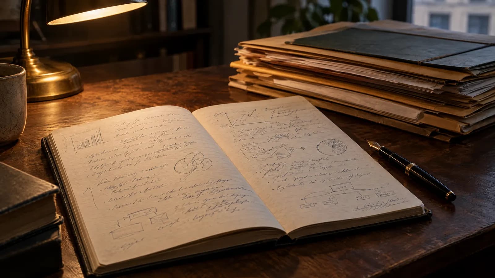Cuaderno abierto con notas manuscritas y diagramas, una lapicera y carpetas.