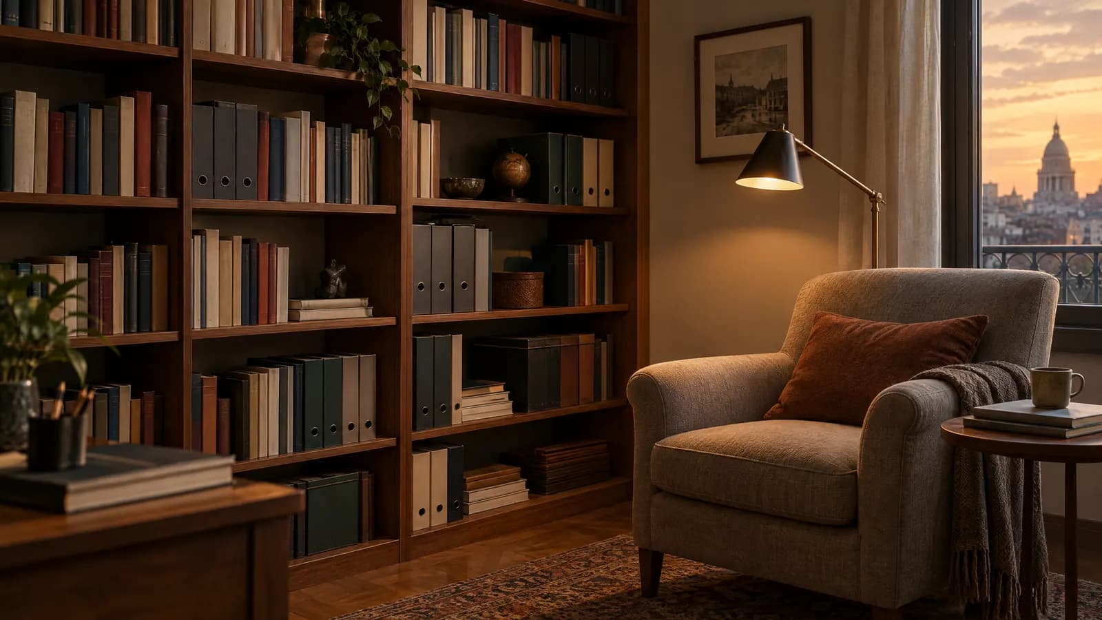 Biblioteca con libros y carpetas, una lámpara de pie y un sillón.
