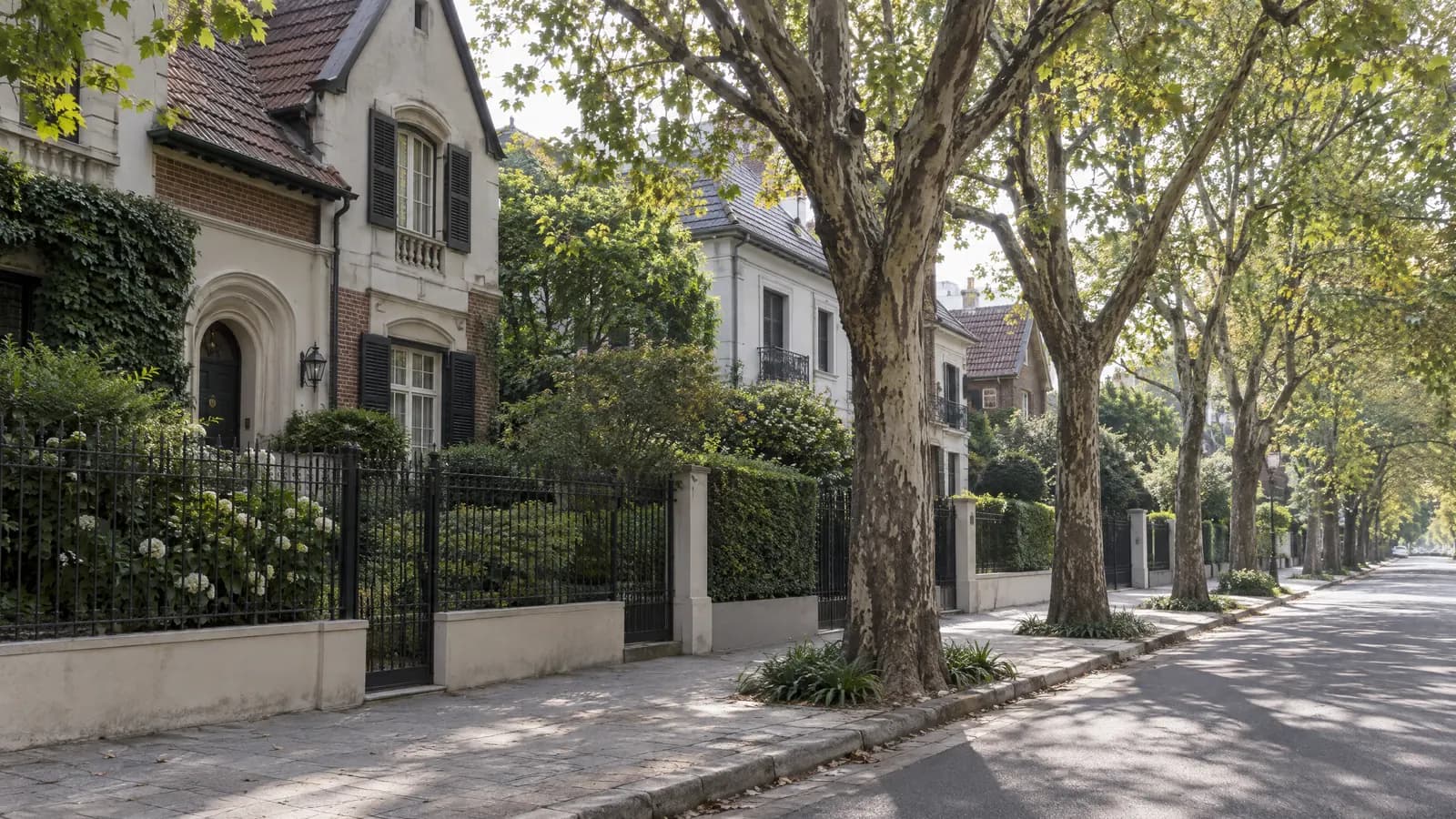 Calle residencial de Belgrano R con casas, jardines al frente y árboles grandes.