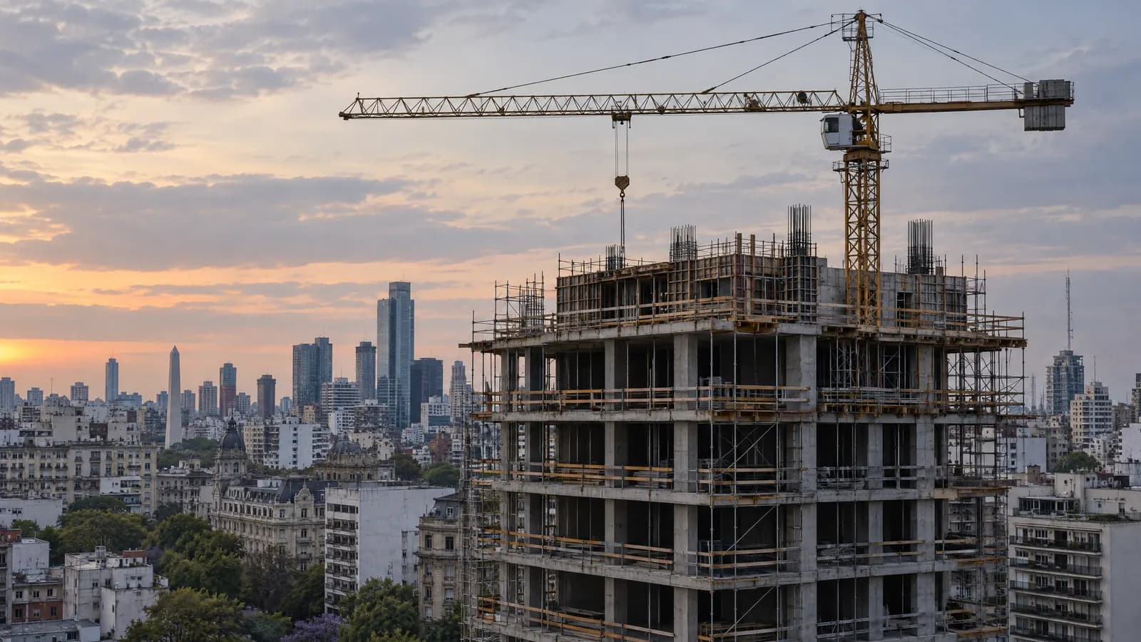 Grúa torre sobre un edificio residencial en construcción, con el horizonte de la ciudad al atardecer.