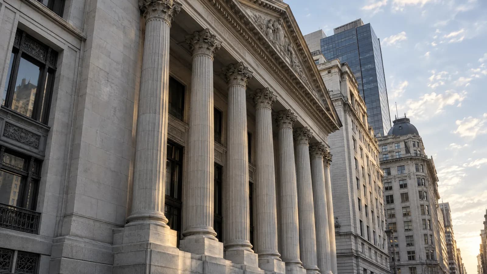 Fachada neoclásica con columnas en el distrito financiero de Buenos Aires.