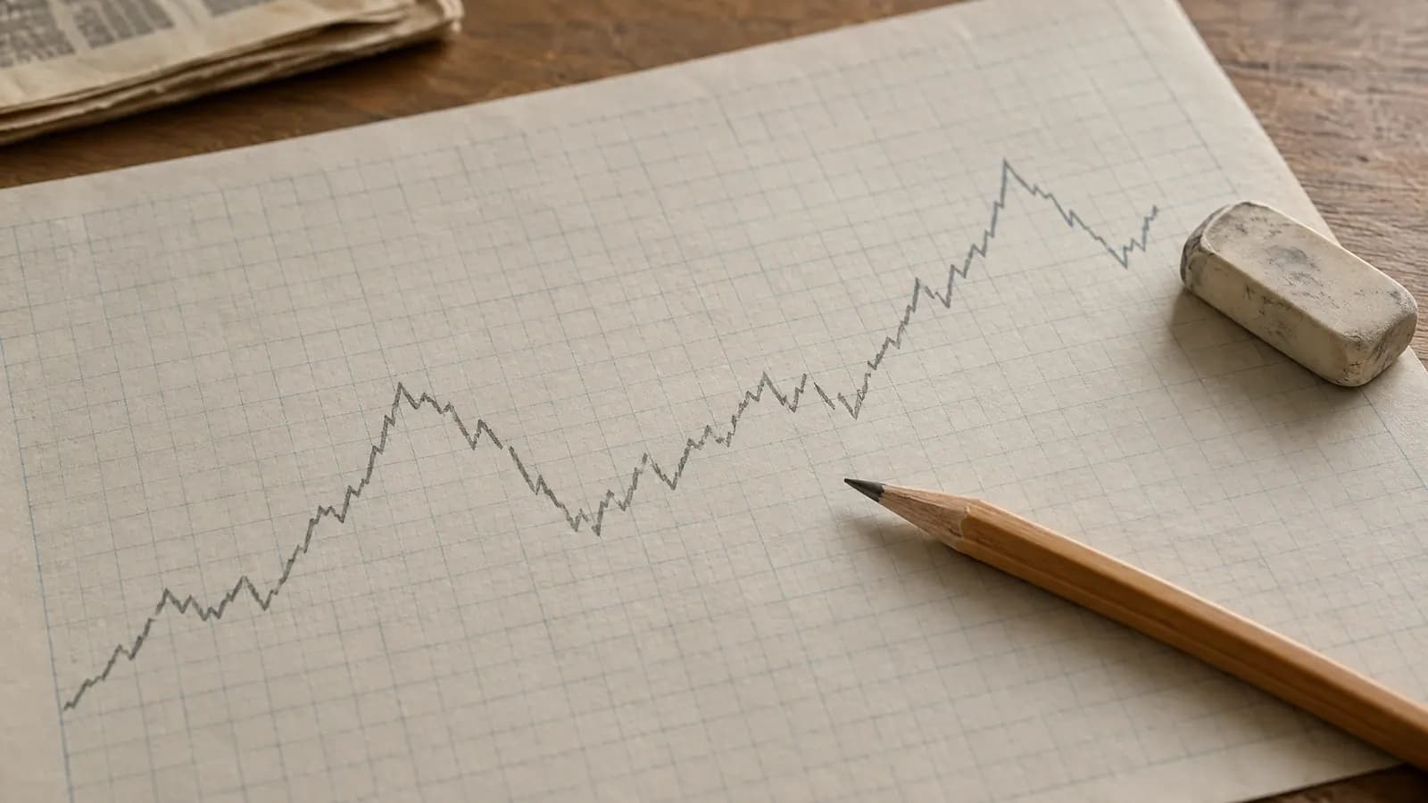 Gráfico de línea dibujado a mano sobre papel cuadriculado, con un lápiz y una goma.