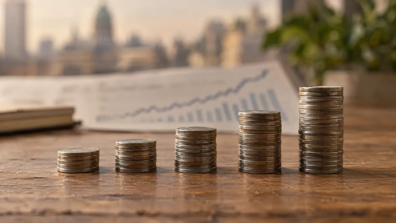 Pilas de monedas ordenadas de menor a mayor sobre una mesa de madera.