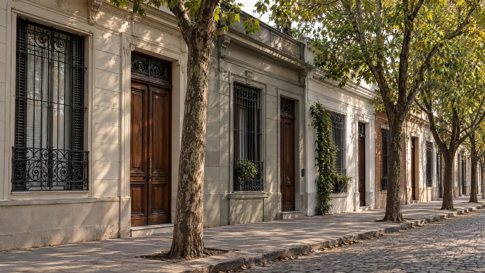 Hilera de PH porteños con fachadas antiguas en una calle arbolada.