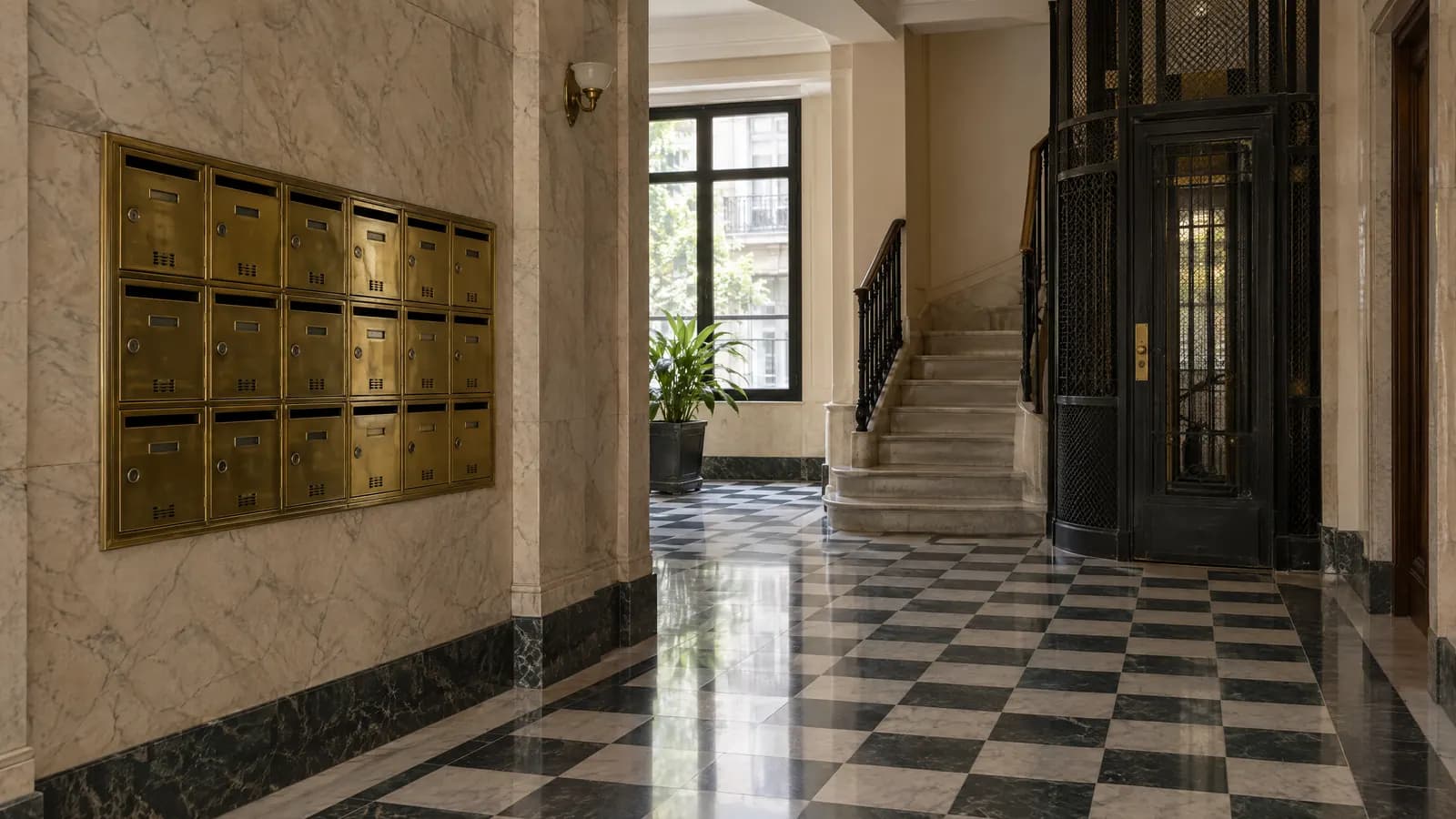 Hall de un edificio clásico con buzones de bronce, piso a cuadros y ascensor antiguo.