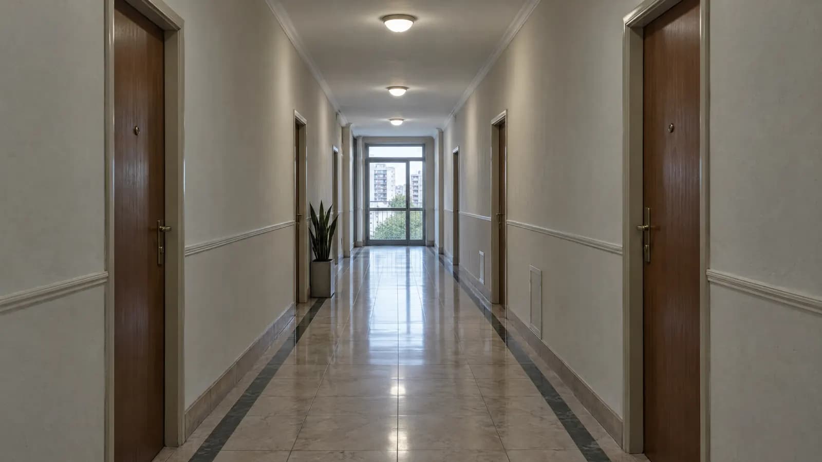 Pasillo de un edificio residencial con puertas de departamentos.