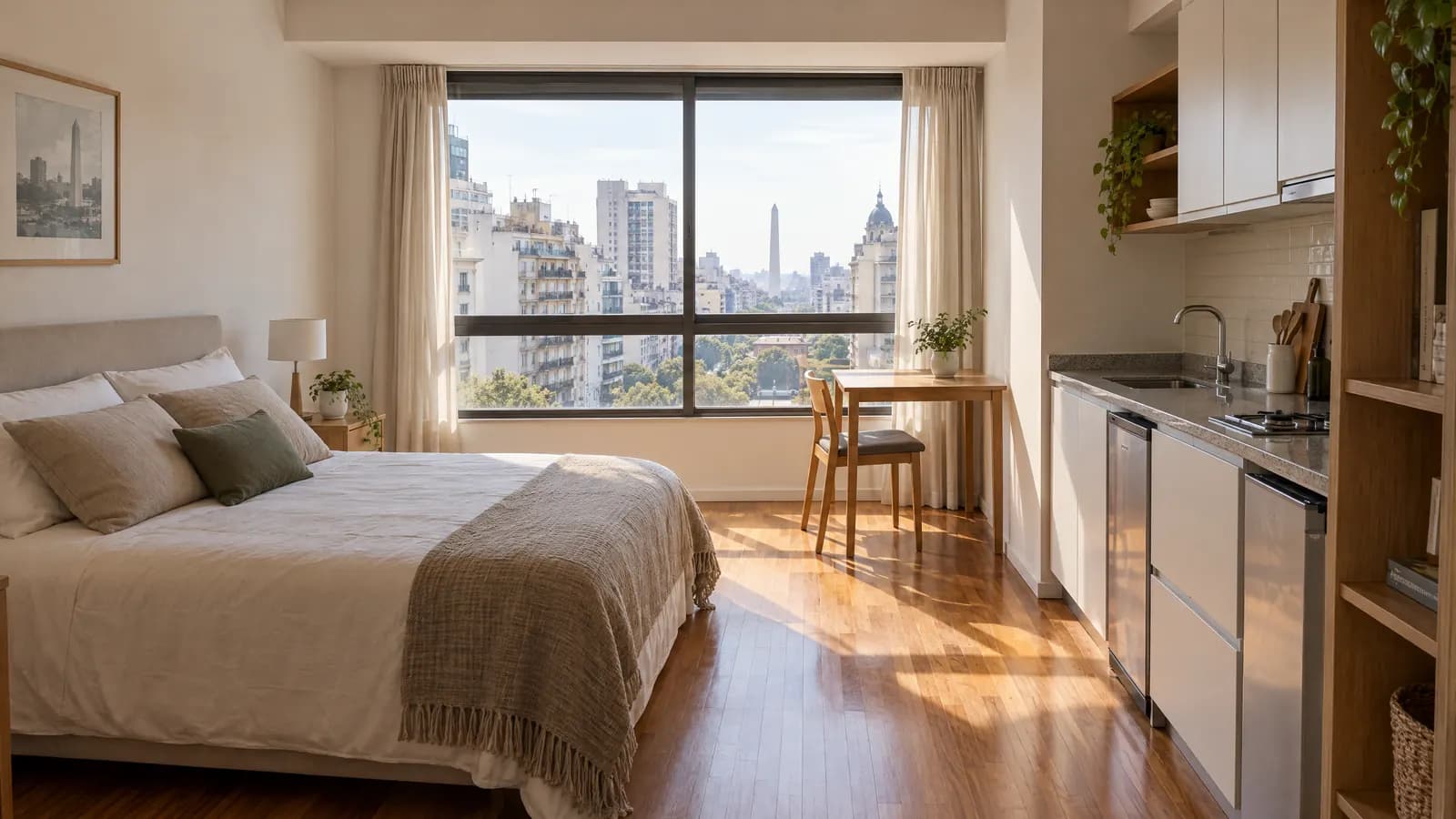 Monoambiente luminoso con cama, cocina integrada y ventanal a la ciudad.