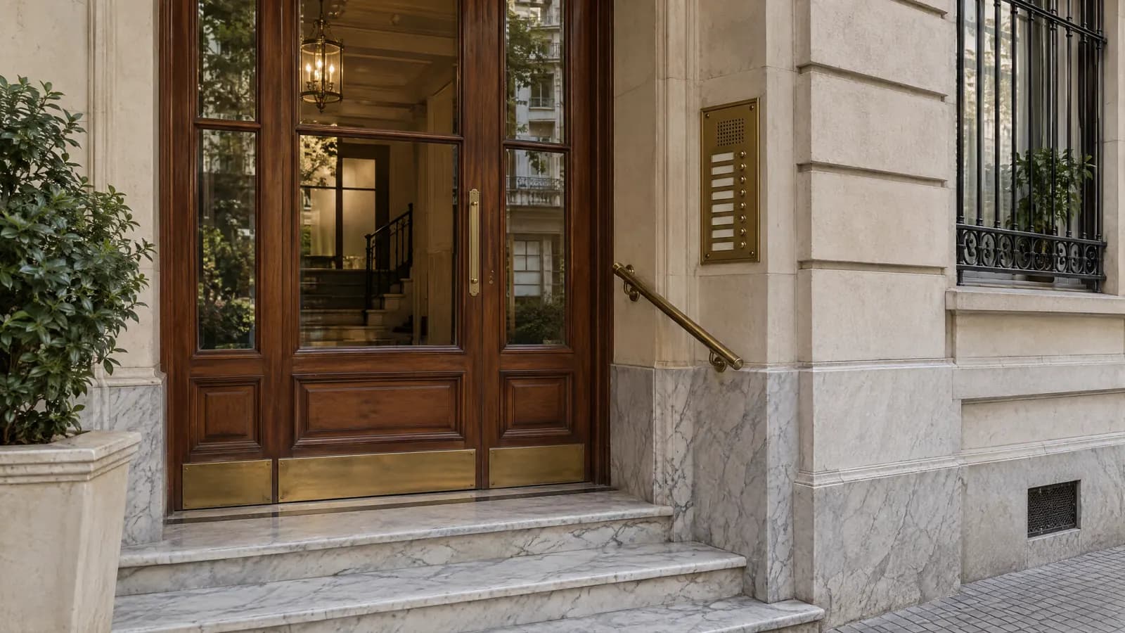 Entrada de un edificio clásico con puerta de madera, portero eléctrico y escalones de mármol.