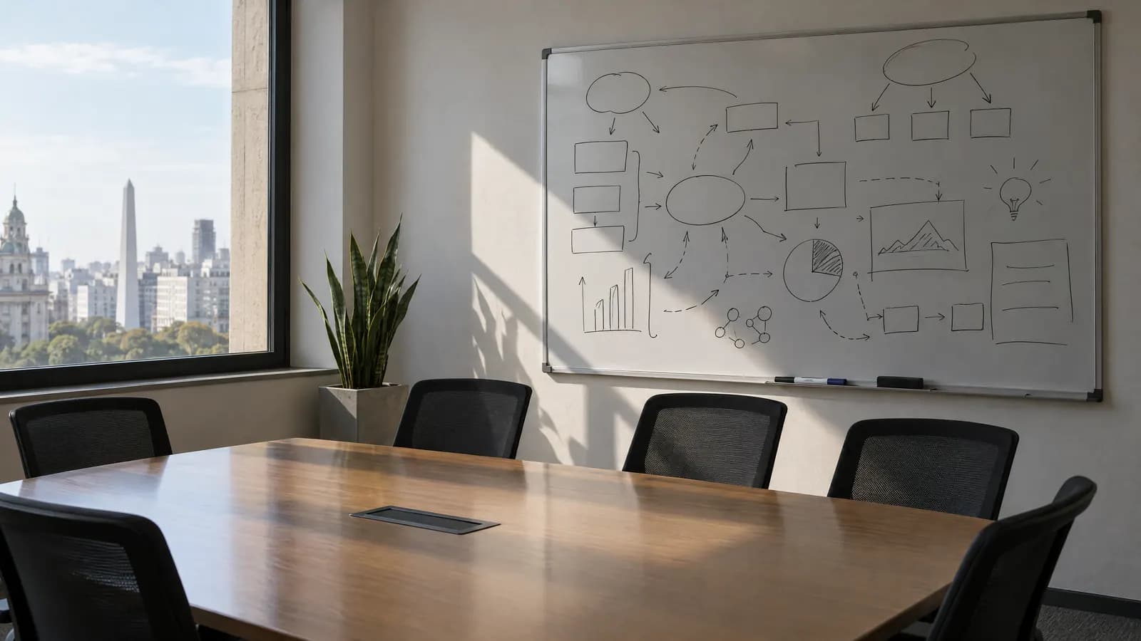 Sala de reuniones con una pizarra llena de diagramas sin palabras.