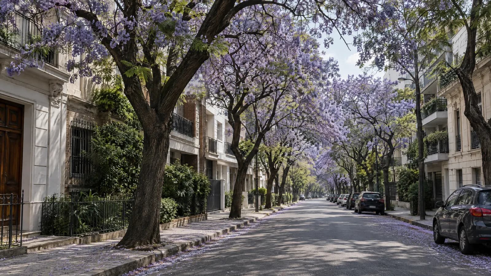 Calle residencial de Palermo con jacarandás en flor.