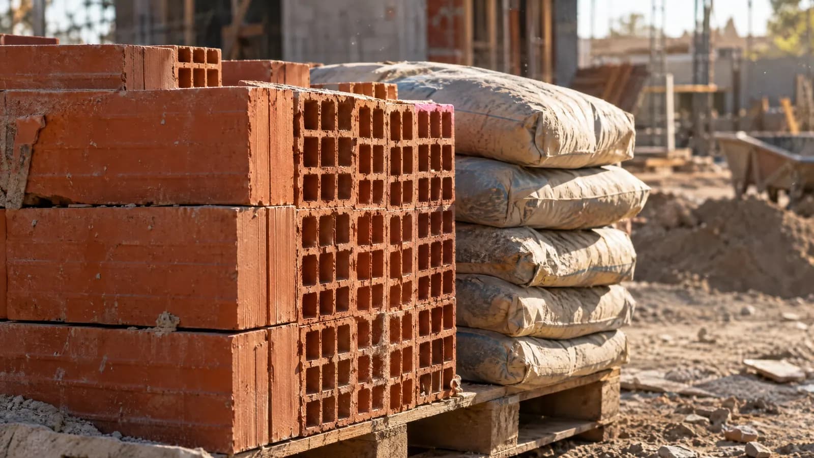 Pallet de ladrillos cerámicos y bolsas de cemento en una obra.
