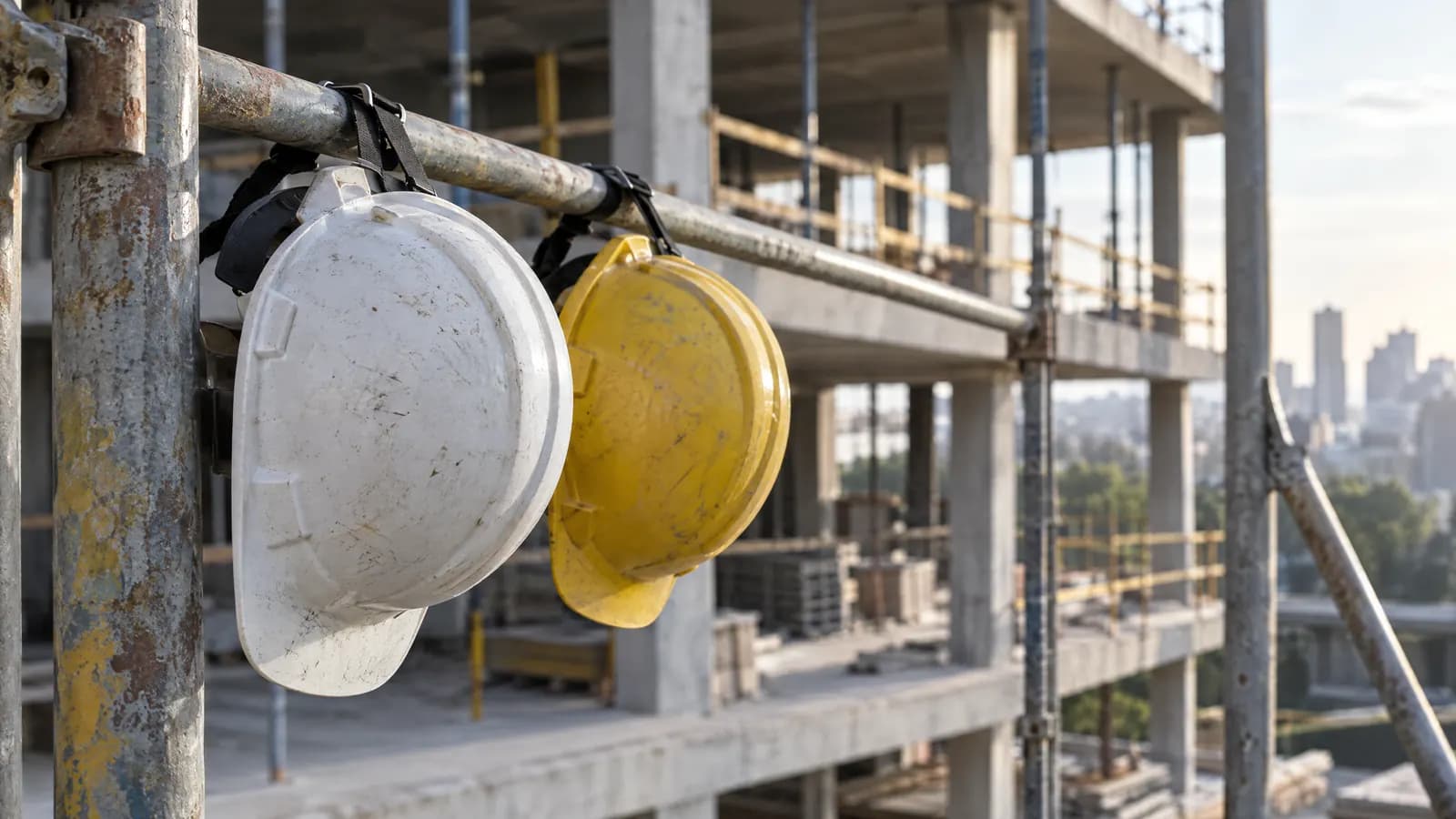 Cascos de seguridad colgados en un andamio de obra.