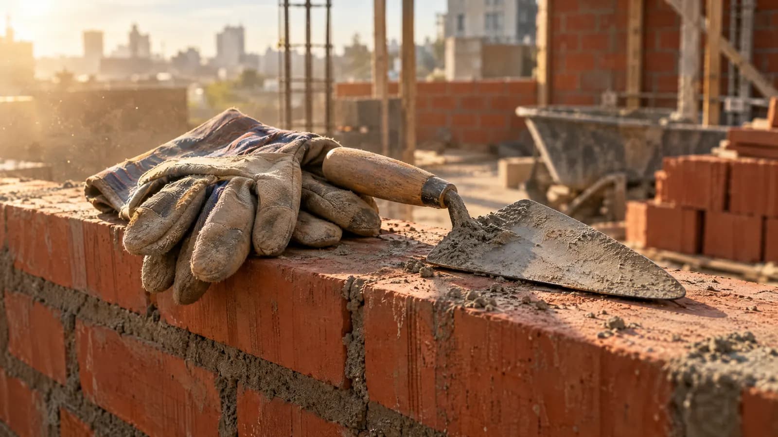 Guantes de trabajo y una cuchara de albañil sobre una pared de ladrillos recién levantada.