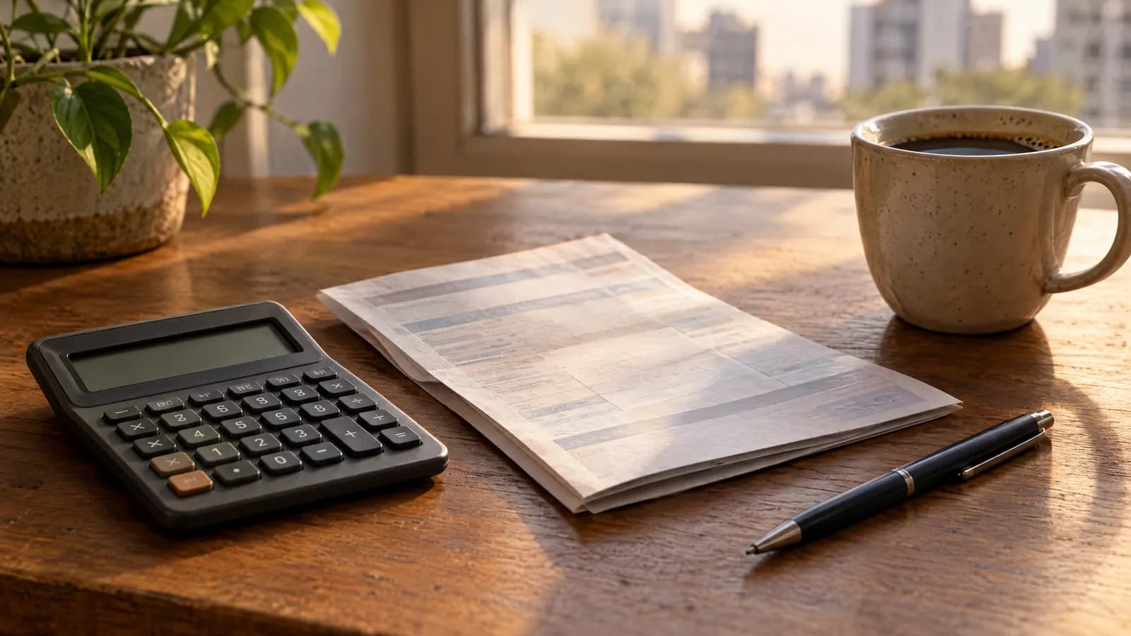 Calculadora, un documento y una taza de café sobre un escritorio de madera.