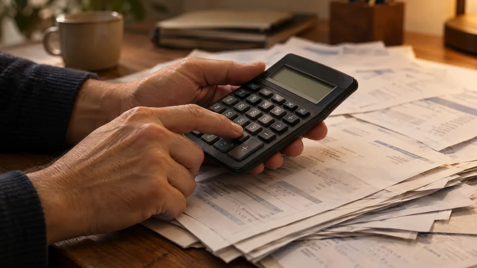 Manos con una calculadora sobre una pila de facturas.