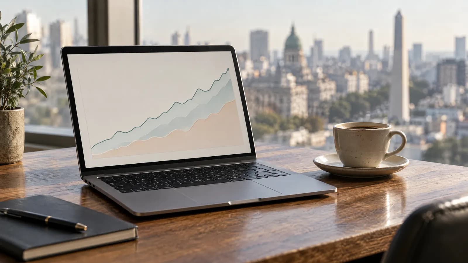 Laptop con un gráfico de línea ascendente, junto a una taza de café.