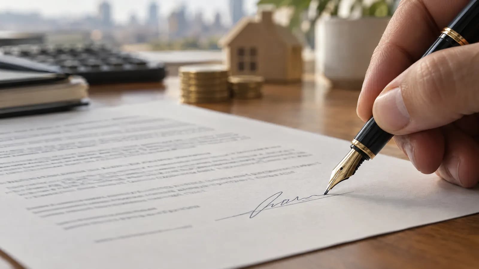 Firma con lapicera de pluma sobre un documento, junto a una maqueta de casa y monedas.