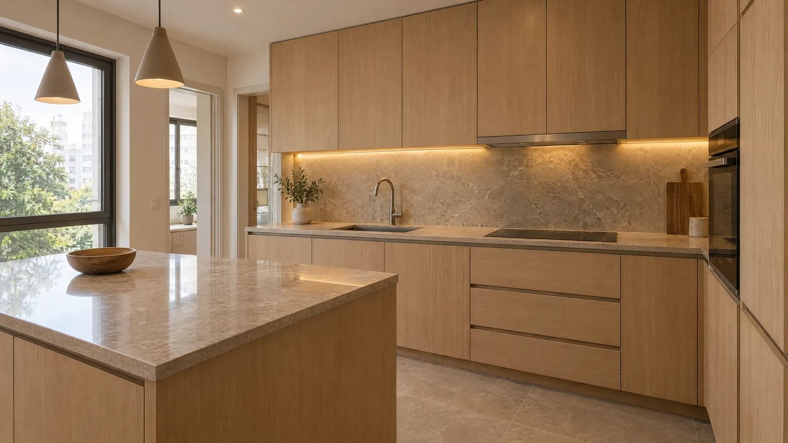 Cocina renovada con muebles de madera clara, mesada de piedra y luz cálida.