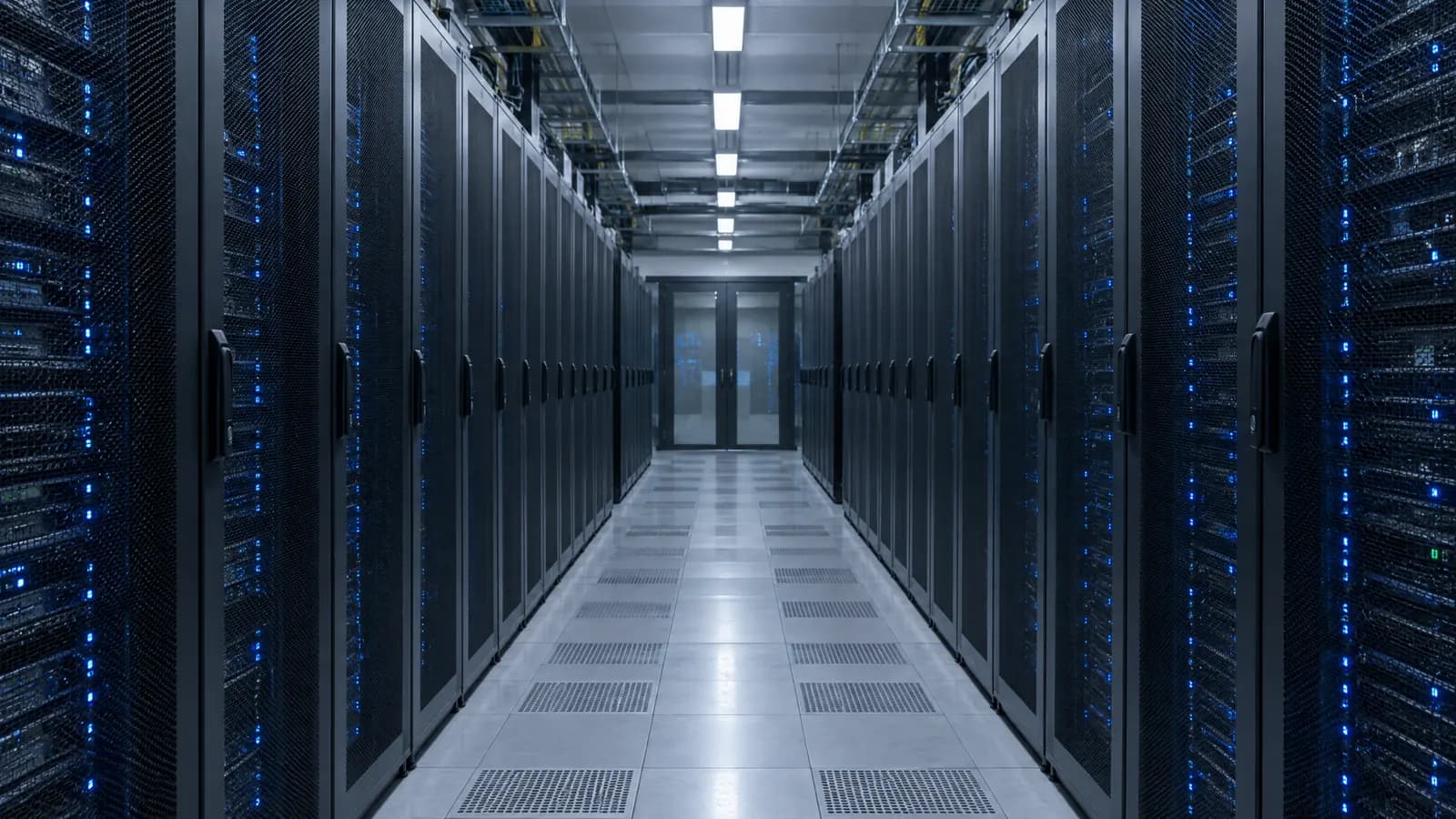 Pasillo de un centro de datos con racks de servidores y luces azules.