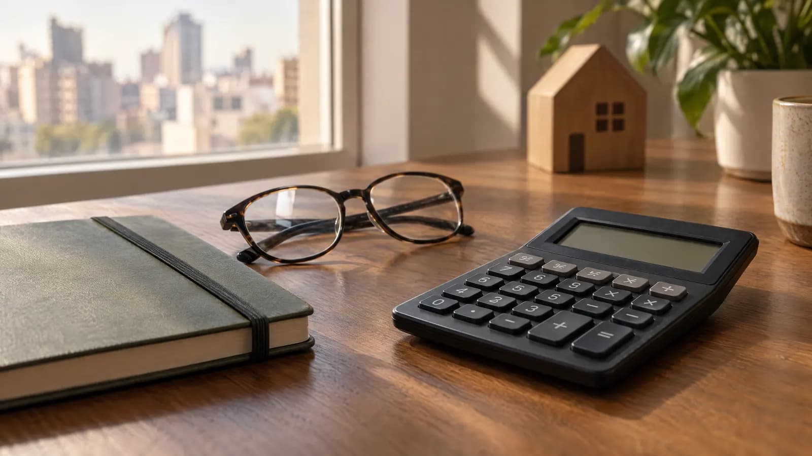 Libreta, anteojos y calculadora sobre un escritorio a la luz de la mañana.