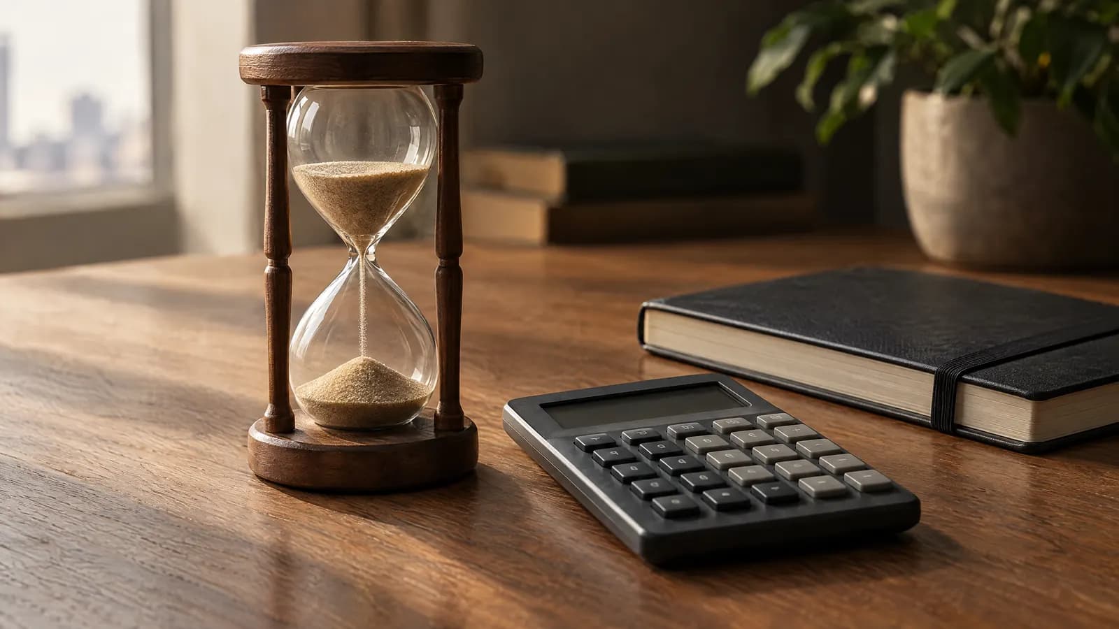 Reloj de arena junto a una calculadora y una libreta sobre un escritorio.
