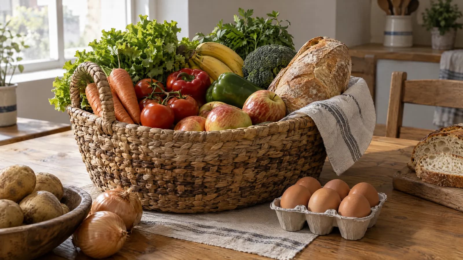 Canasta con frutas, verduras, pan y huevos sobre la mesa de una cocina.
