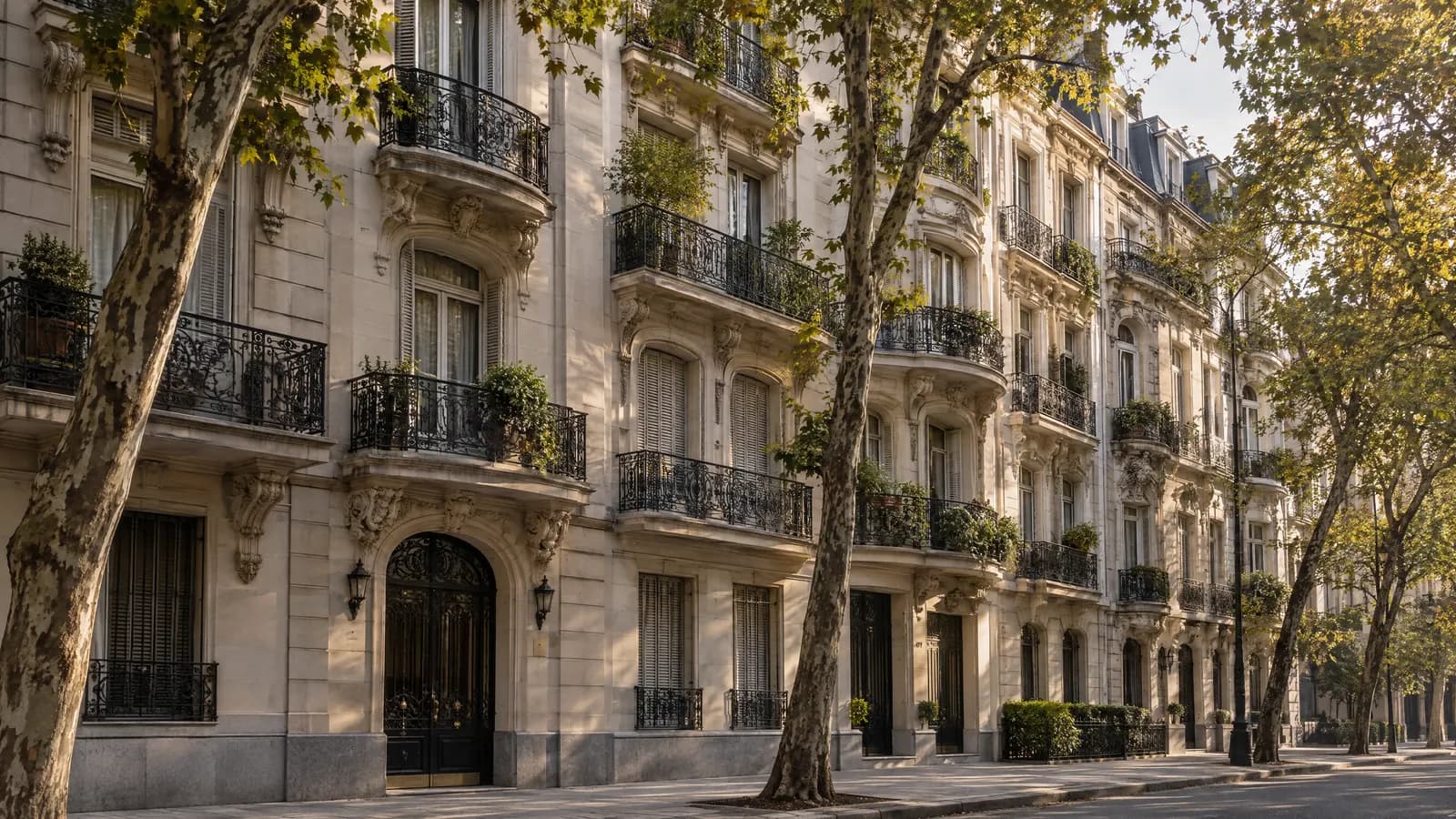 Edificios de estilo francés con balcones de hierro en una calle arbolada de Recoleta.
