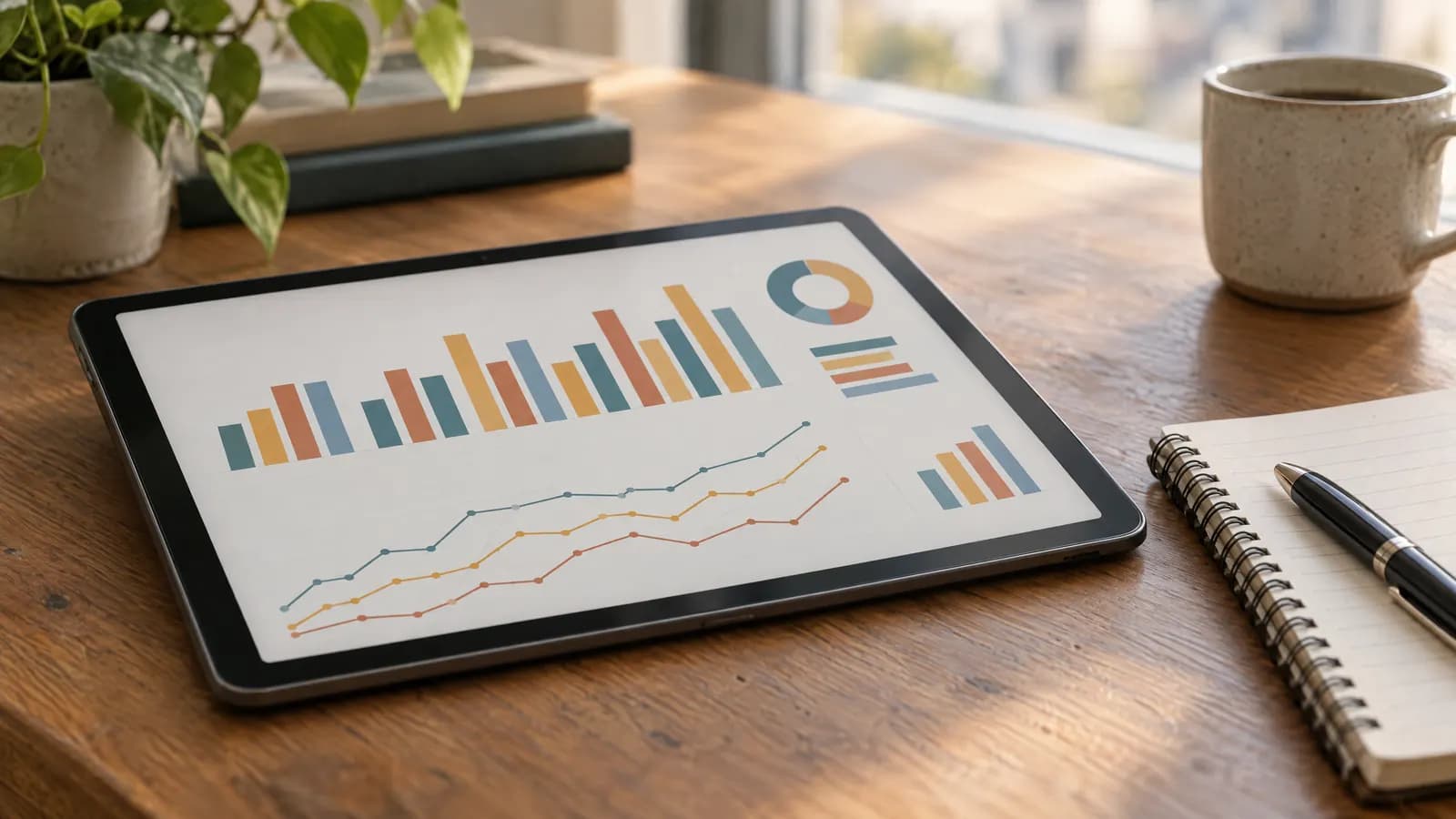 Tablet con gráficos de barras y líneas sobre un escritorio, junto a un cuaderno.