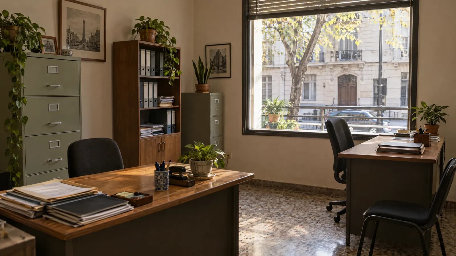 Oficina pequeña de una empresa familiar con escritorios, archivos y plantas.