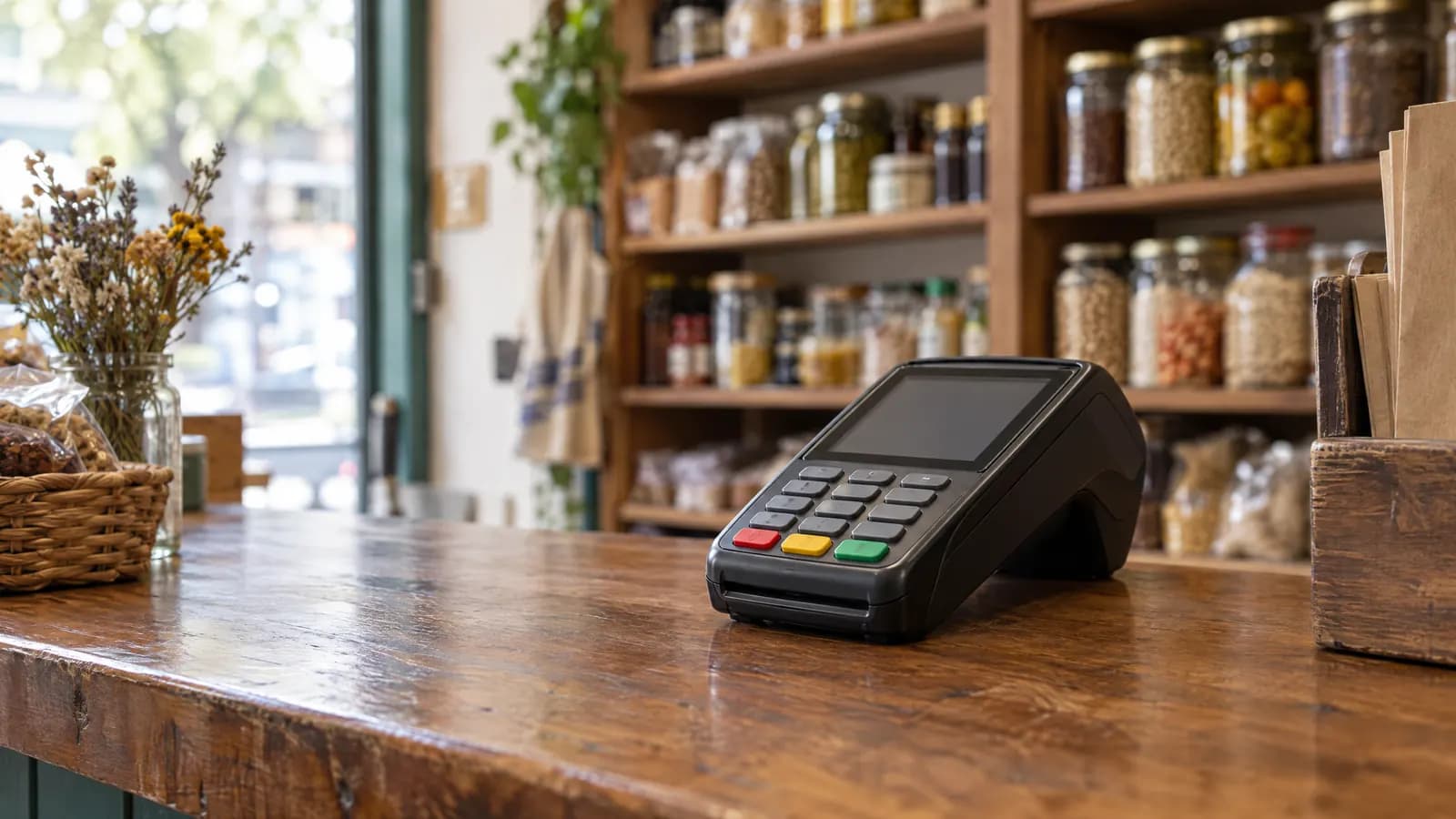 Terminal de pago con tarjeta sobre el mostrador de un almacén.