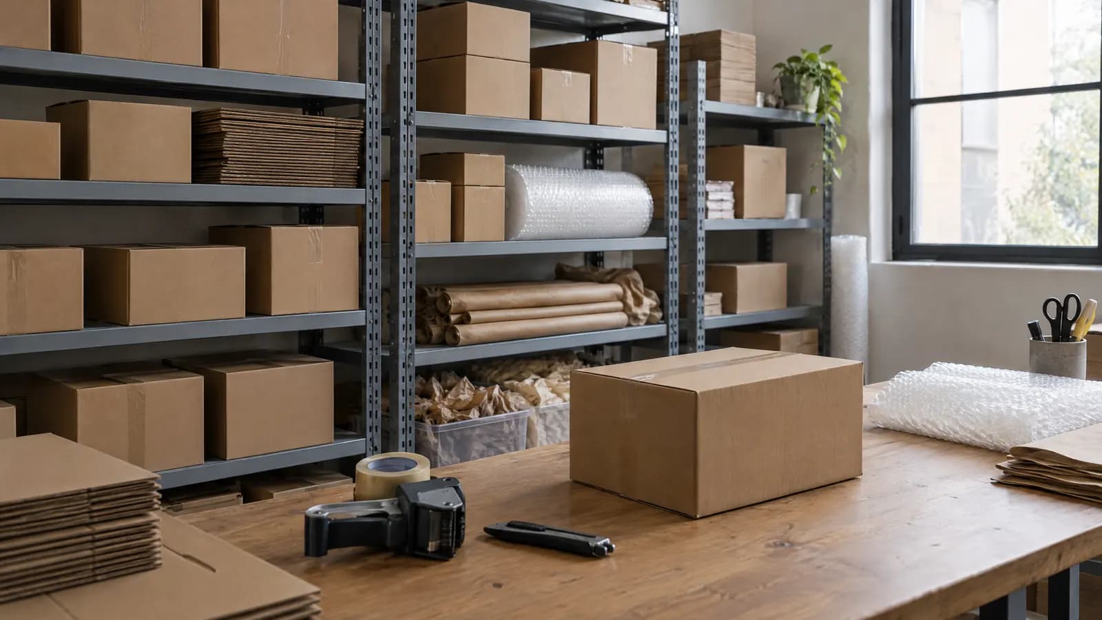 Estanterías con cajas y materiales de embalaje en el depósito de una tienda online.